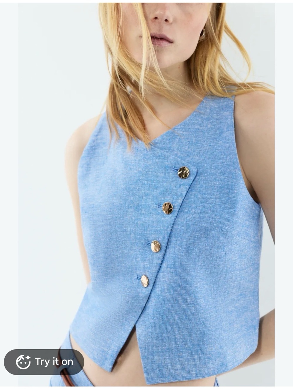 Zara Light Blue Sleeveless Asymmetric Button Tank